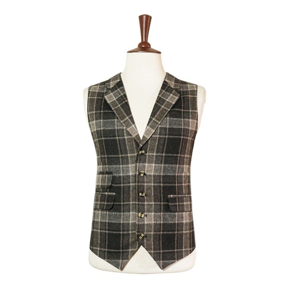 Mens 46R Plaid Wool Waistcoat Brown Gray Beige Check Vest Classic Formal Wedding